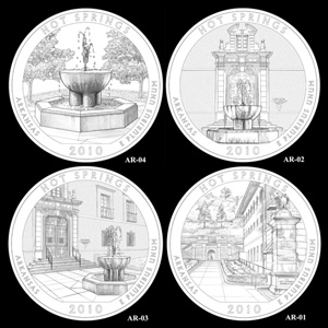 U.S. Mint art for the top contenders for the Hot Springs quarter design.