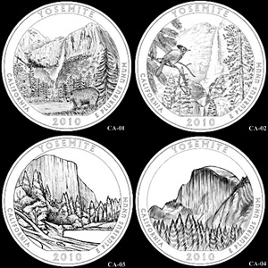 U.S. Mint art for the top contenders for the Yosemite quarter design.