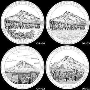 U.S. Mint art for the top contenders for the Mt. Hood quarter design.