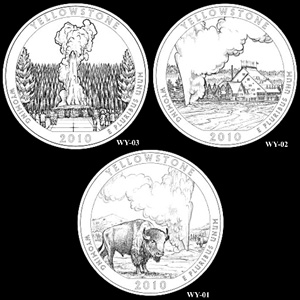 U.S. Mint art for the top contenders for the Yellowstone quarter design.