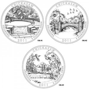 U.S. Mint art for the top contenders for the Chickasaw National Recreation Area quarter design.