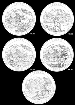 U.S. Mint art for the top contenders for the Denali National Park quarter design