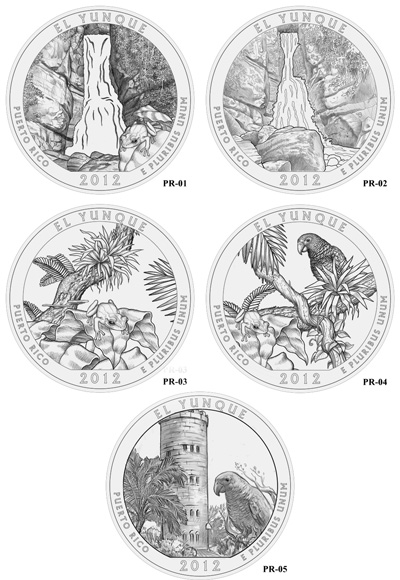 U.S. Mint art for the top contenders for the El Yunque National Forest quarter design.