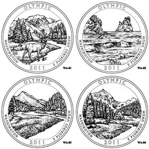 U.S. Mint art for the top contenders for the Olympic National Park quarter design.