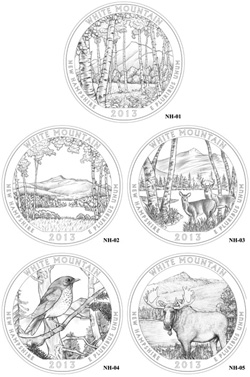 U.S. Mint art for the top contenders for the White Mountain National Forest quarter design